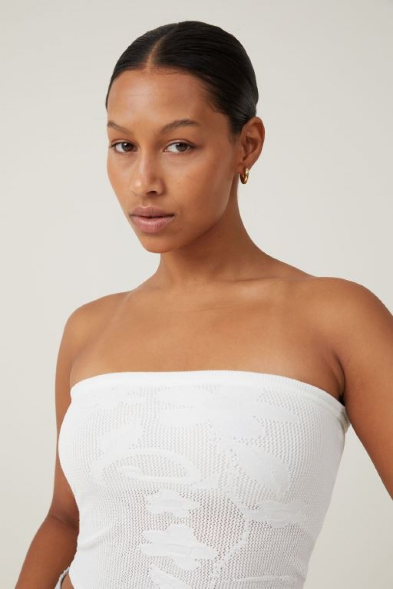 Cotton On Pressed Flower Sheer Knit Bandeau Women's Knitwear White | YxAzSFSBQhR