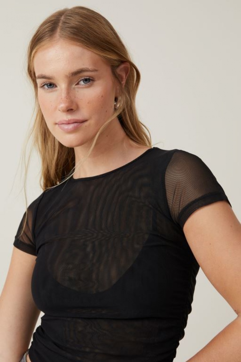 Cotton On Rebecca Gathered Short Sleeve Women's T Shirts Black | ABFen0SVCx4