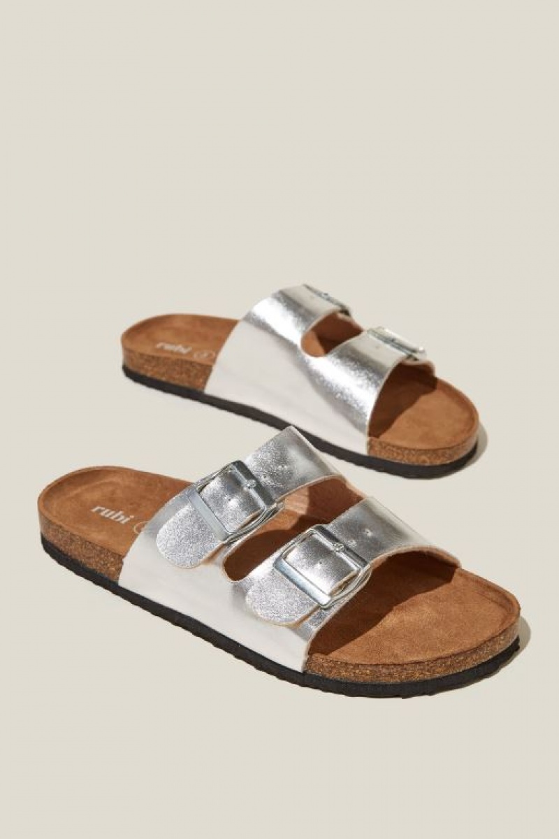 Cotton On Rex Double Buckle Slide Women's Sandals Silver Metal | F60kNc0JH8A