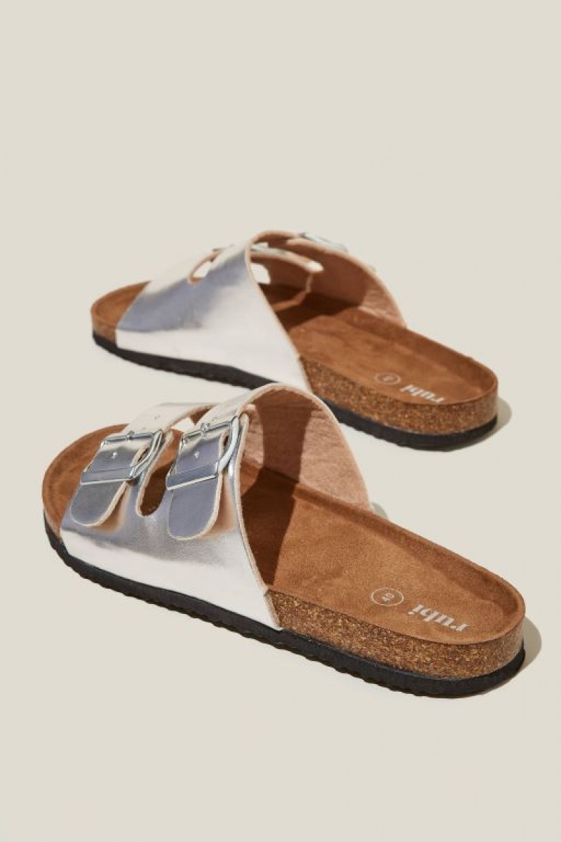 Cotton On Rex Double Buckle Slide Women's Sandals Silver Metal | F60kNc0JH8A