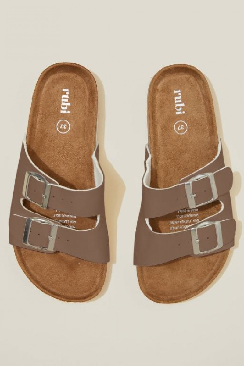 Cotton On Rex Double Buckle Slide Women's Sandals Brown | hpmFoklbDH2