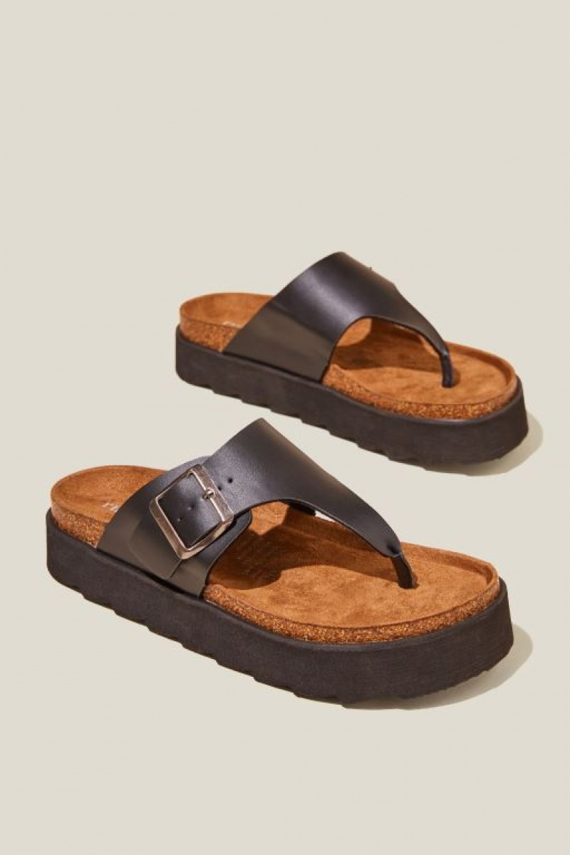 Cotton On Rex Flatform Toe Post Slide Women's Sandals Black | 9NZDMRtKDcb