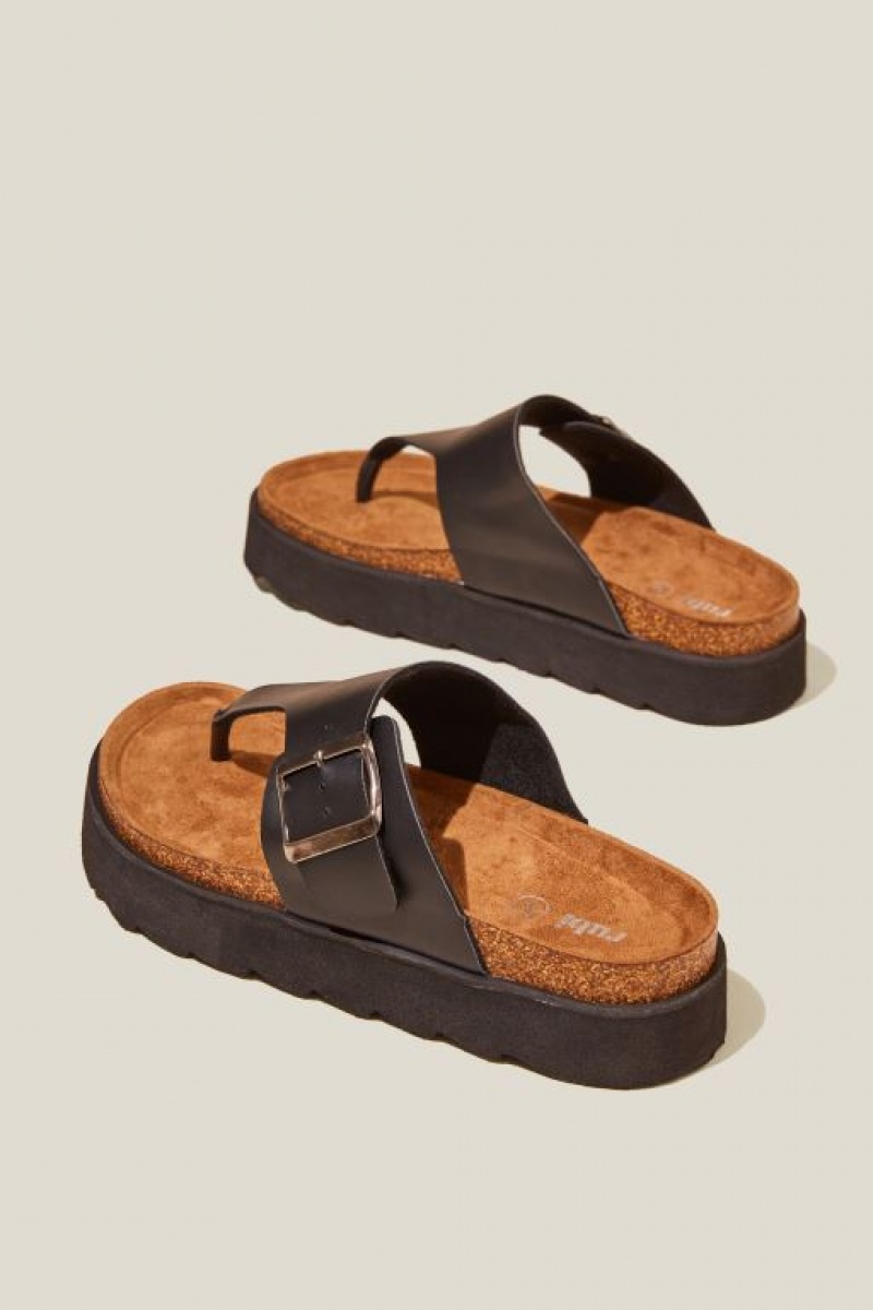 Cotton On Rex Flatform Toe Post Slide Women's Sandals Black | 9NZDMRtKDcb