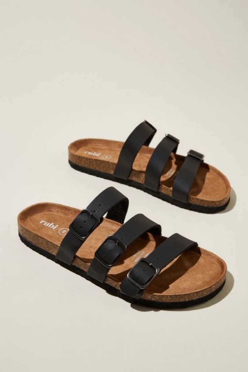 Cotton On Rex Triple Strap Slide Women's Sandals Black | qnGzWFOhVg4