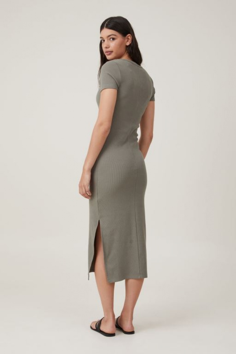 Cotton On Rib Short Sleeve Women's Midi Dress Woodland | OFreKk4EtBv