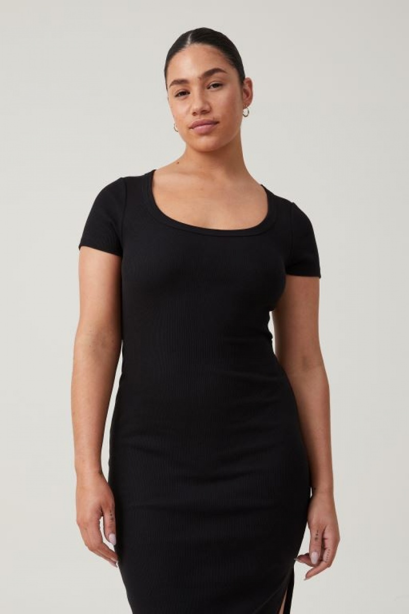 Cotton On Rib Short Sleeve Women's Midi Dress Black | jcTEXwd8SHw