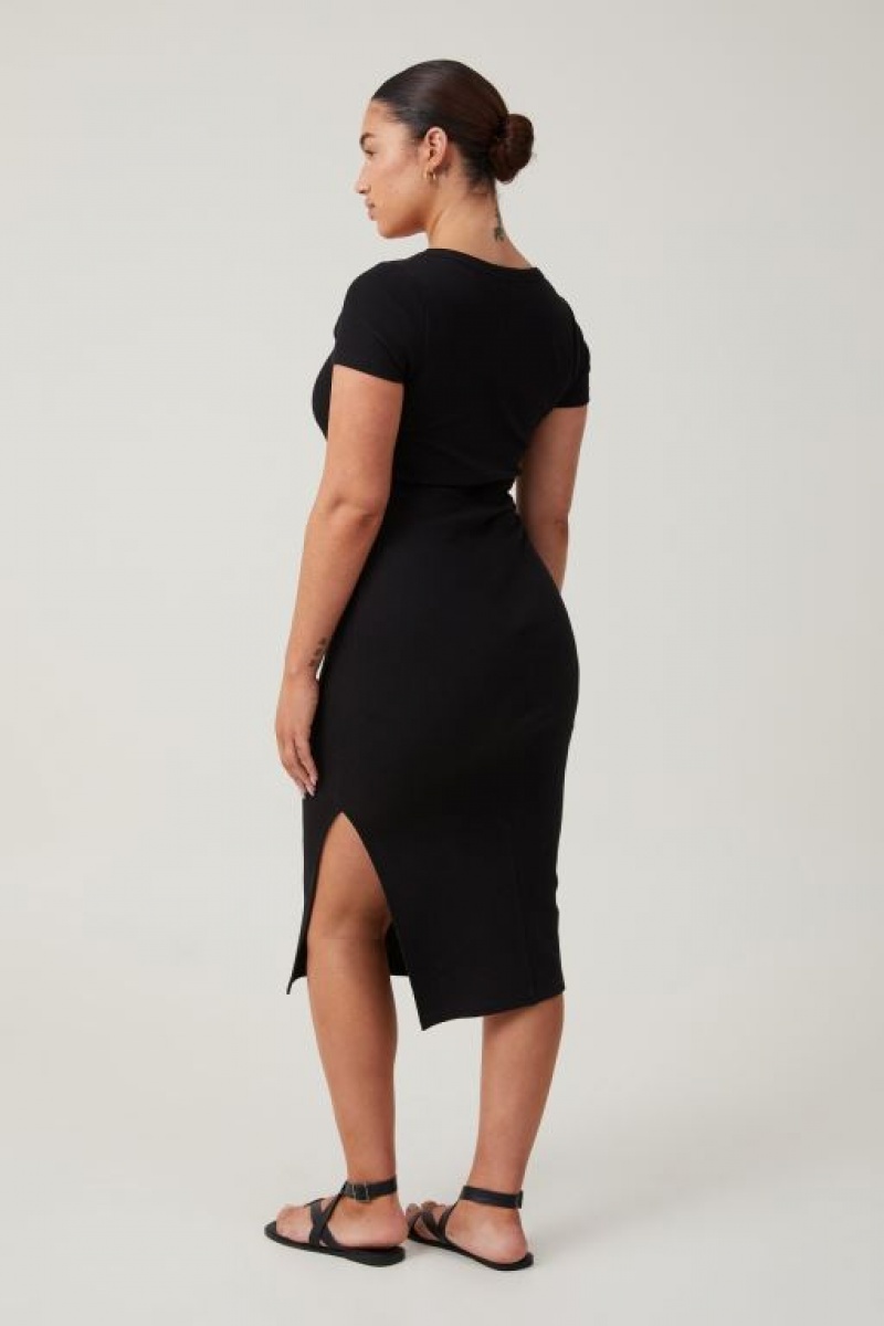 Cotton On Rib Short Sleeve Women's Midi Dress Black | jcTEXwd8SHw