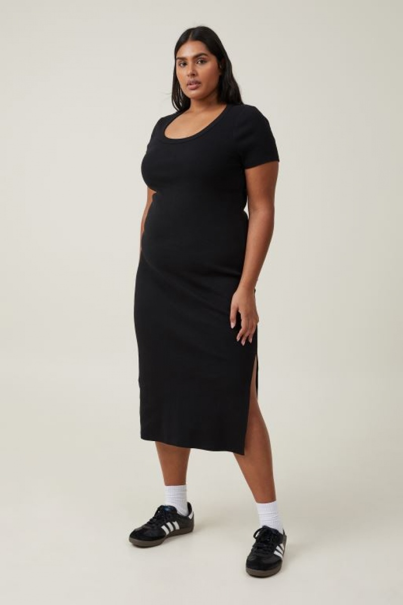 Cotton On Rib Short Sleeve Women's Midi Dress Black | jcTEXwd8SHw