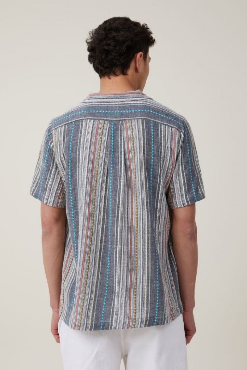 Cotton On Riviera Short Sleeve Men's Shirts Blue Multicolor Stripes | KXFp9WCD55X