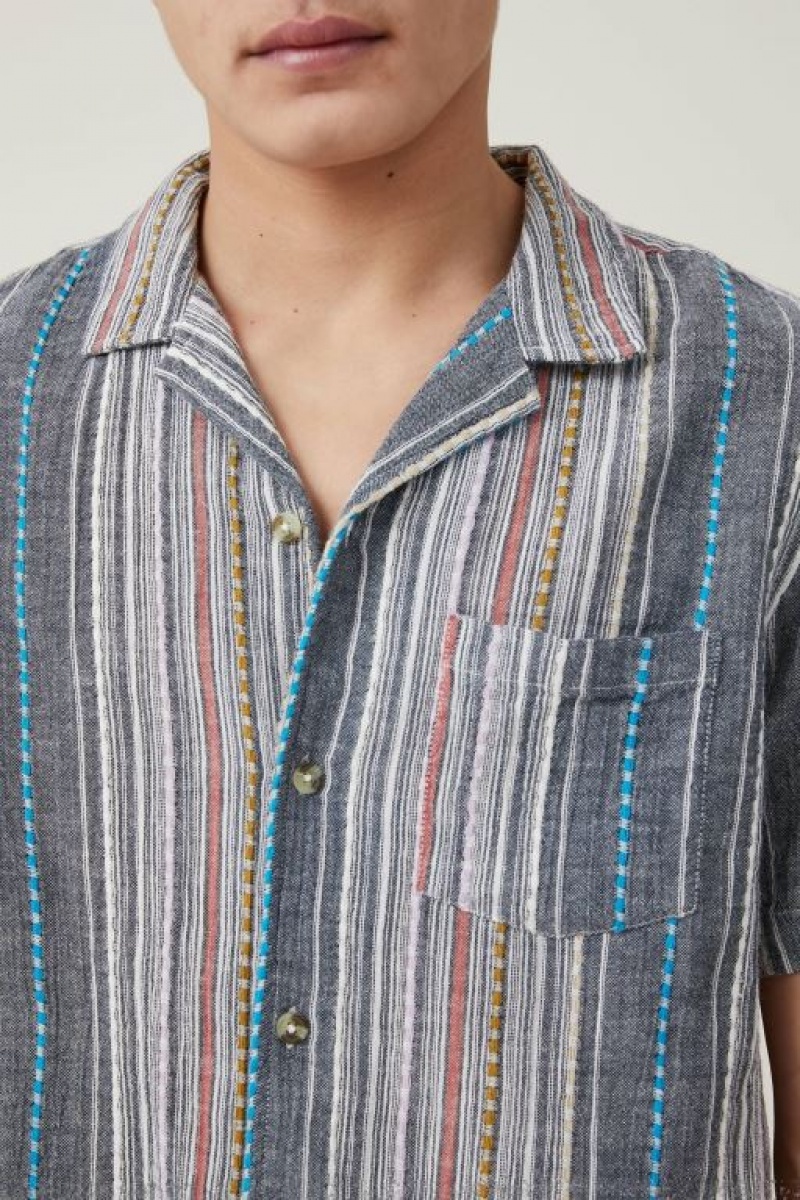 Cotton On Riviera Short Sleeve Men's Shirts Blue Multicolor Stripes | KXFp9WCD55X