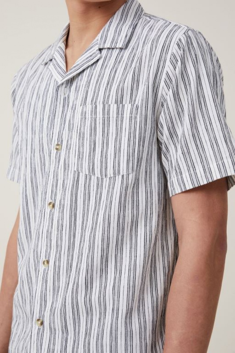 Cotton On Riviera Short Sleeve Men's Shirts White Black Stripes | JgOMWAPw9Mz
