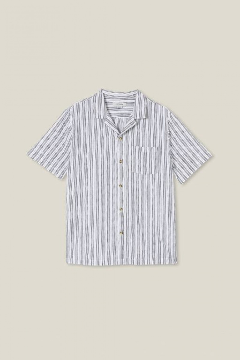 Cotton On Riviera Short Sleeve Men's Shirts White Black Stripes | JgOMWAPw9Mz