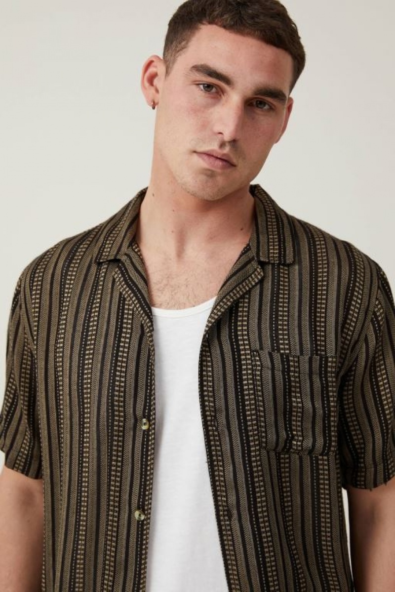 Cotton On Riviera Short Sleeve Men's Shirts Black Mustard Stripes | MxeKsgWo27R