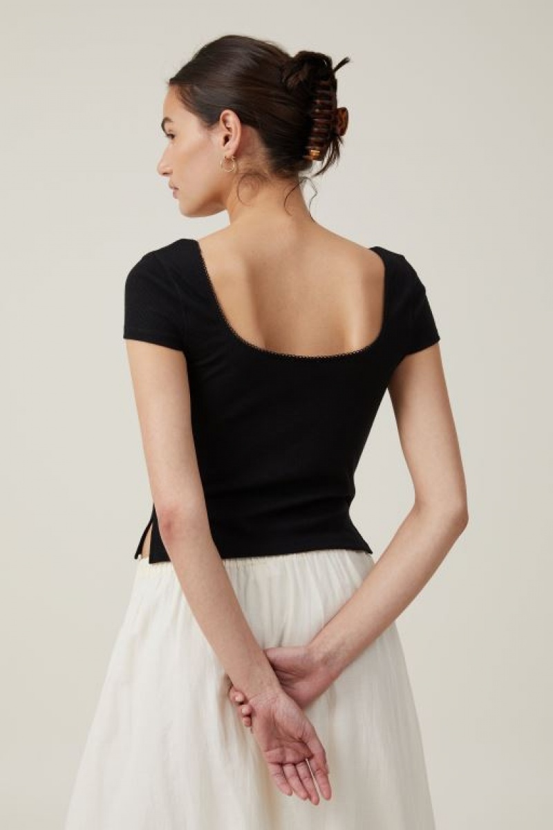Cotton On Sally Picot Trim Short Sleeve Women's T Shirts Black | 6t3DmDrBdph