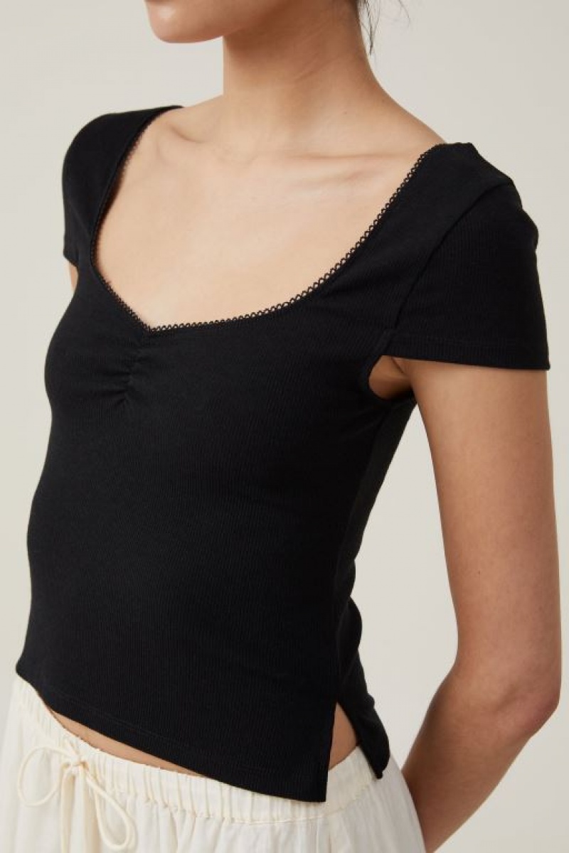 Cotton On Sally Picot Trim Short Sleeve Women's T Shirts Black | 6t3DmDrBdph