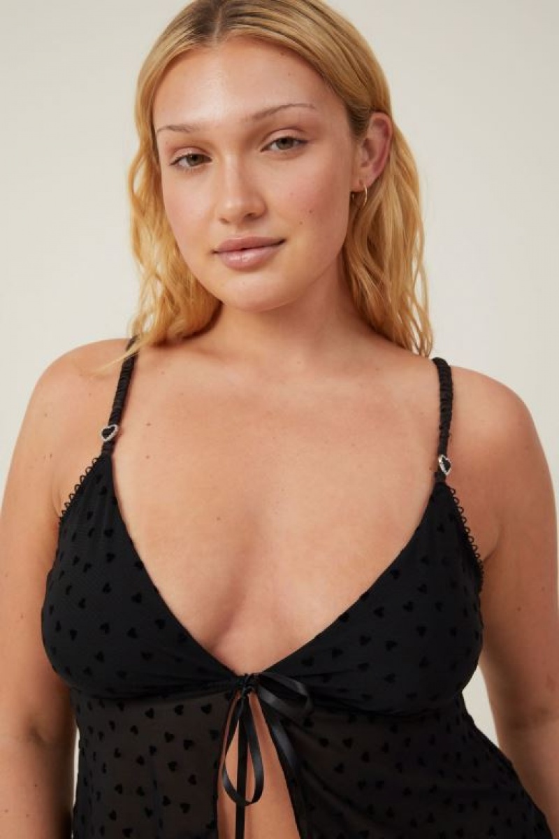 Cotton On Sasha Flocking Mesh Longline Bralette Women's Bras Black | crskwjMMd0S