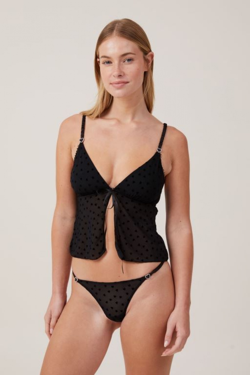 Cotton On Sasha Flocking Mesh Tanga Brief Women's Thong Black | 0TyyL7dlg1N