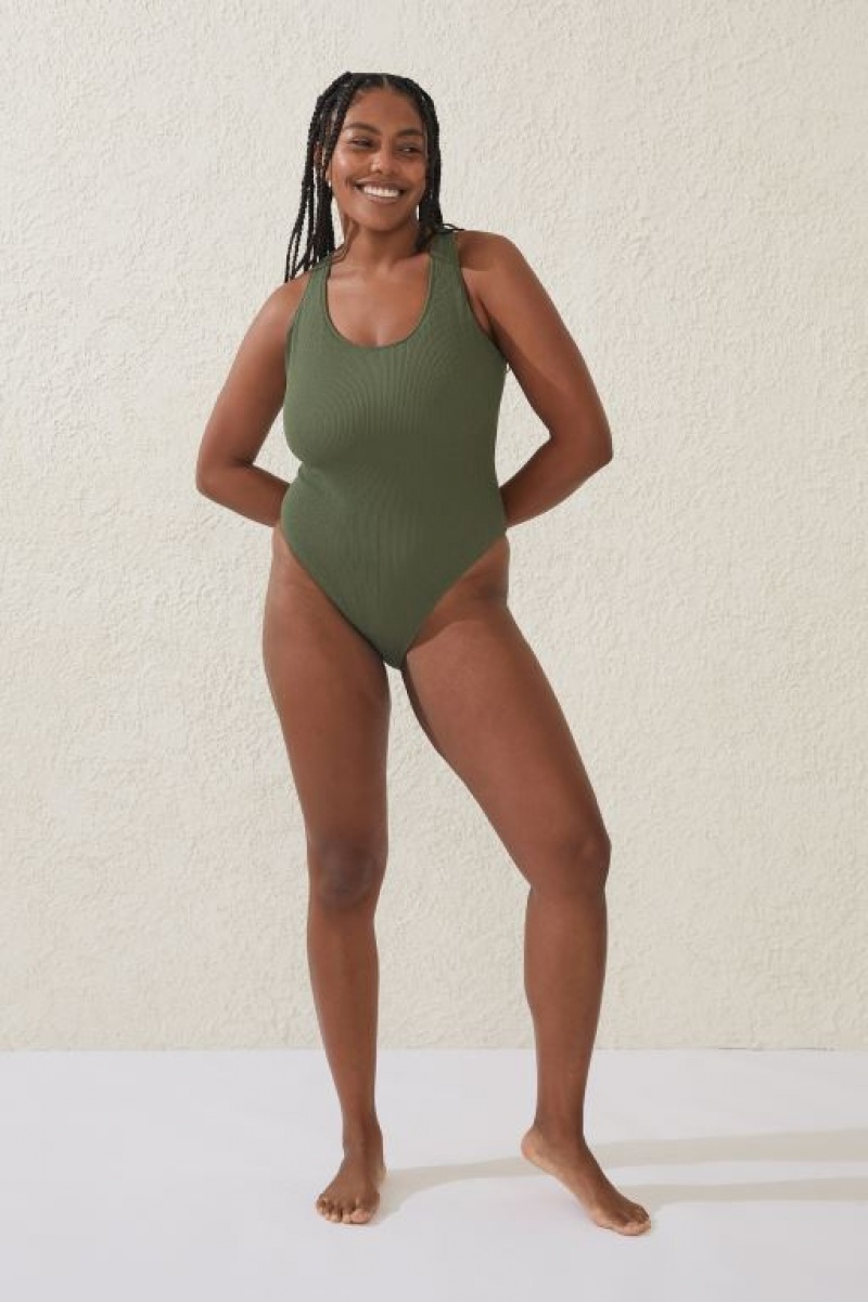 Cotton On Scoop Back One Piece Cheeky Women's Bodysuit Khaki | Mvev9flGAQ4