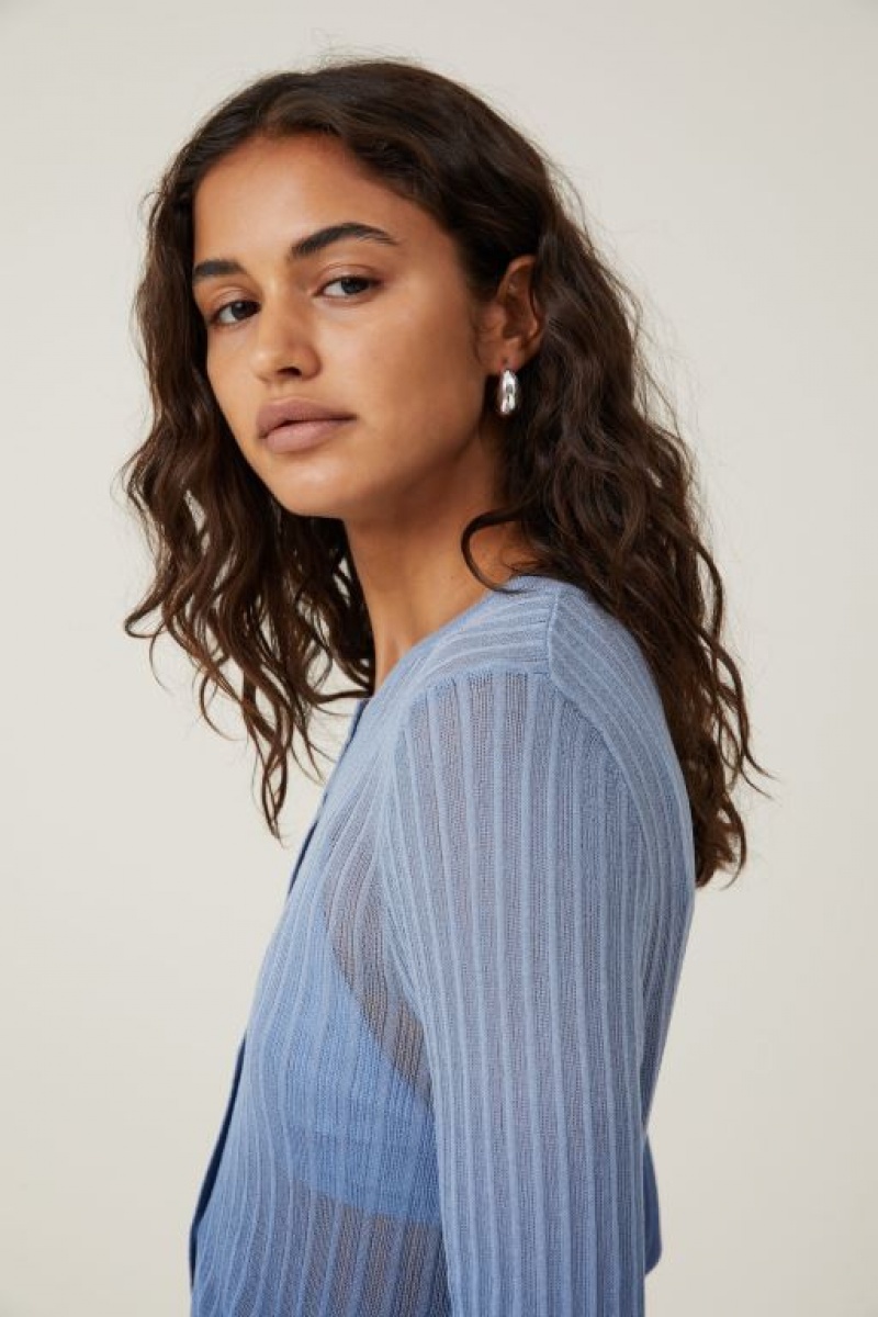 Cotton On Sheer Knit Crew Cardigan Women's Knitwear Blue | wjbkHI1mWFo