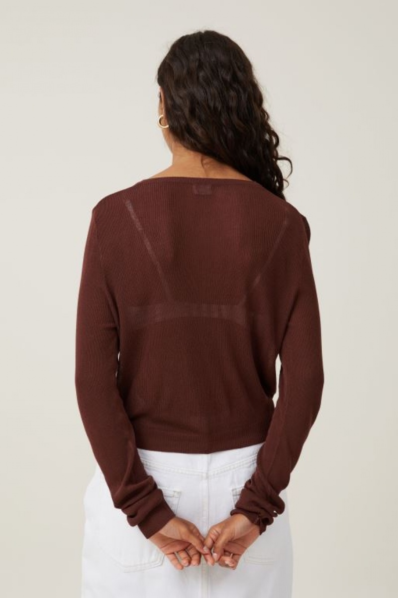Cotton On Sheer Knit Crew Cardigan Women's Knitwear Brown | zkq184NEZFO
