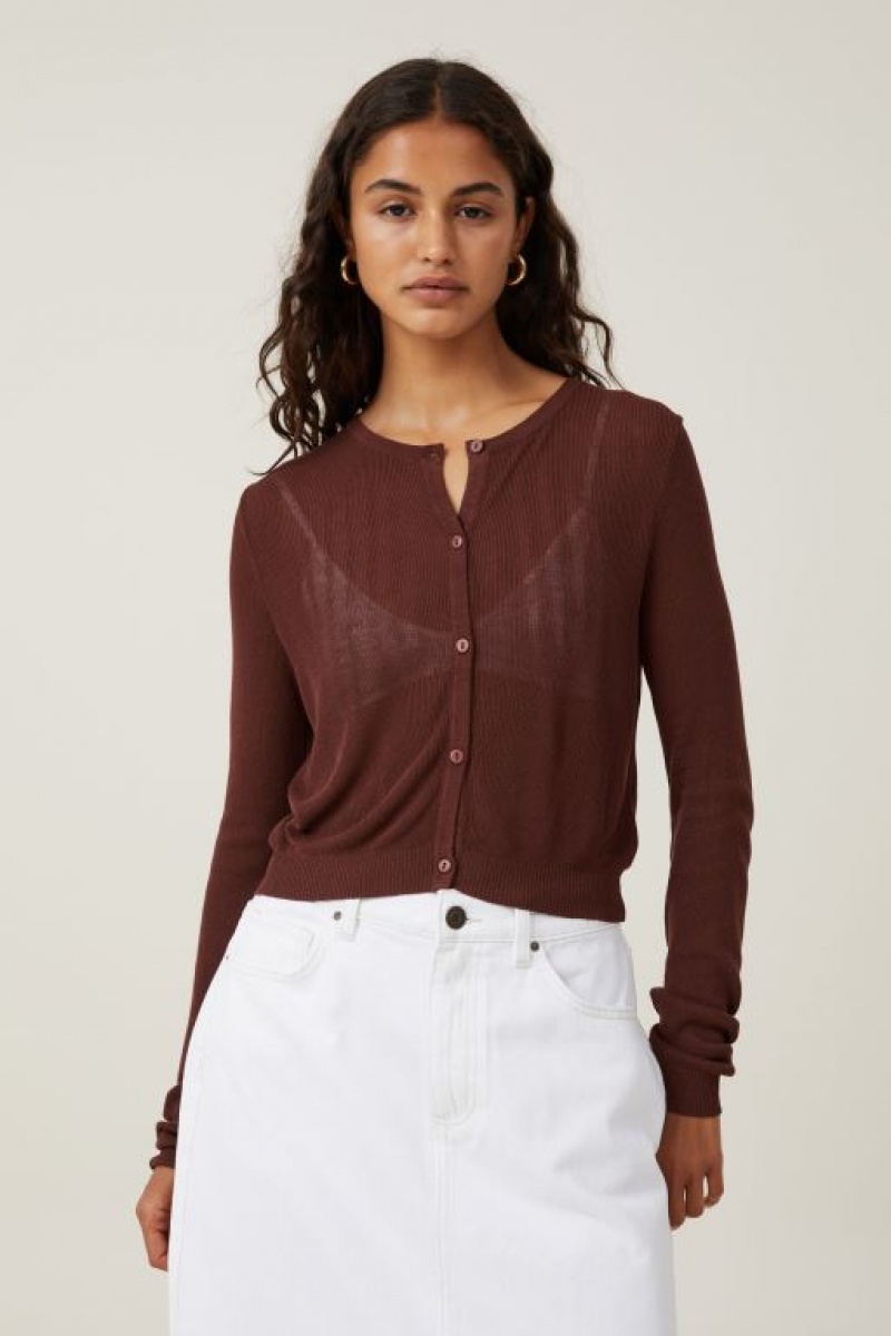 Cotton On Sheer Knit Crew Cardigan Women\'s Knitwear Brown | zkq184NEZFO
