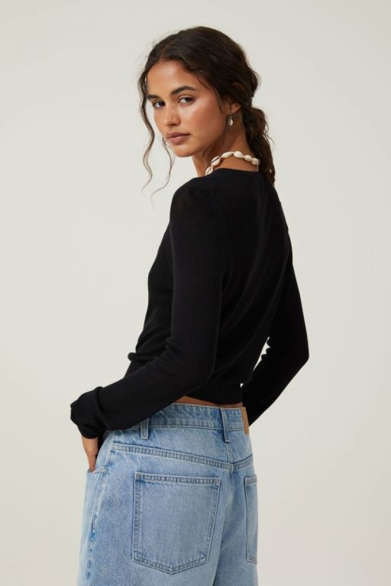 Cotton On Sheer Knit Crew Cardigan Women's Knitwear Black | UVocmEbHJqn