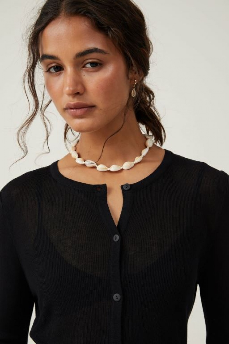 Cotton On Sheer Knit Crew Cardigan Women's Knitwear Black | UVocmEbHJqn