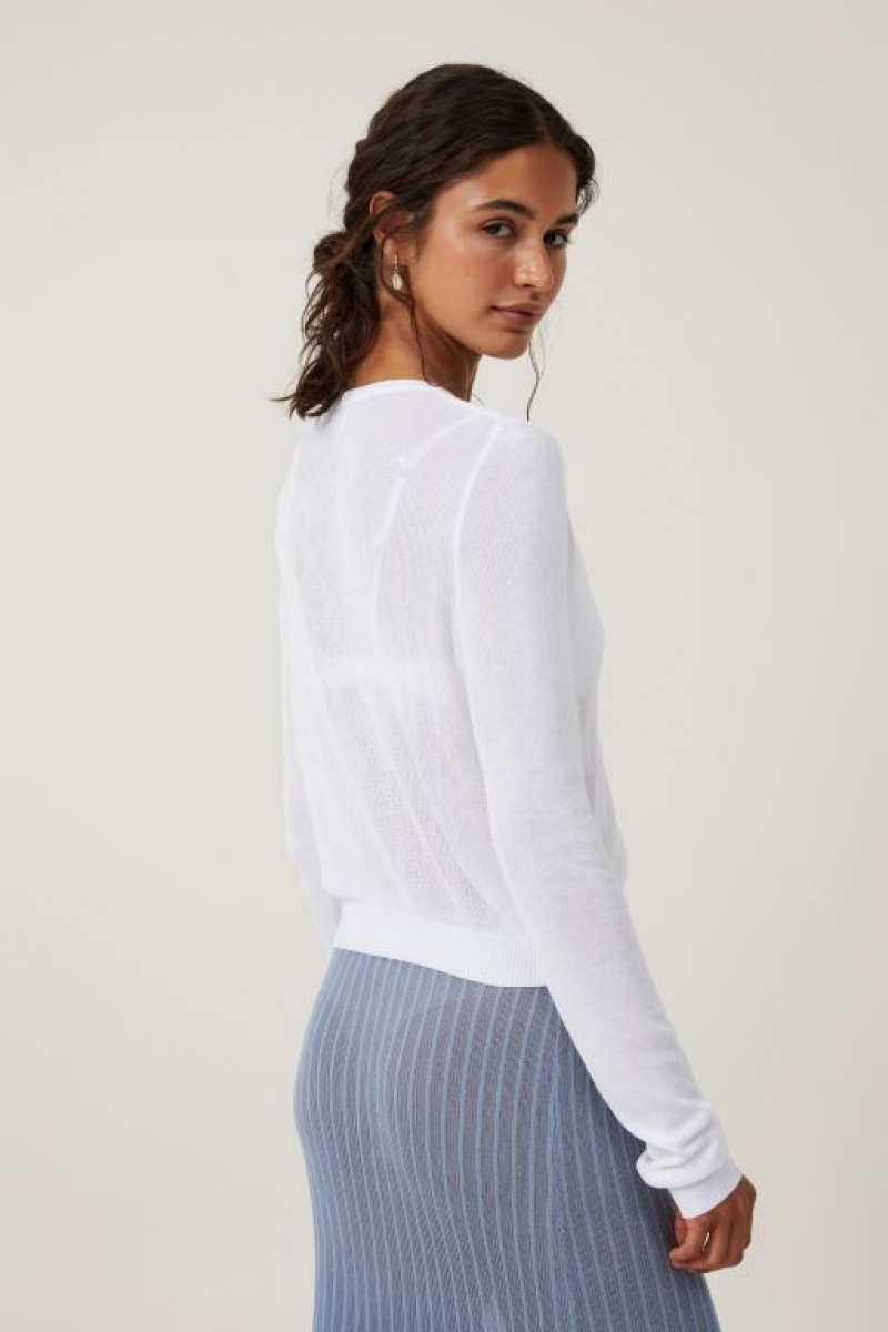Cotton On Sheer Knit Crew Cardigan Women's Knitwear White | CulanNoxUwq