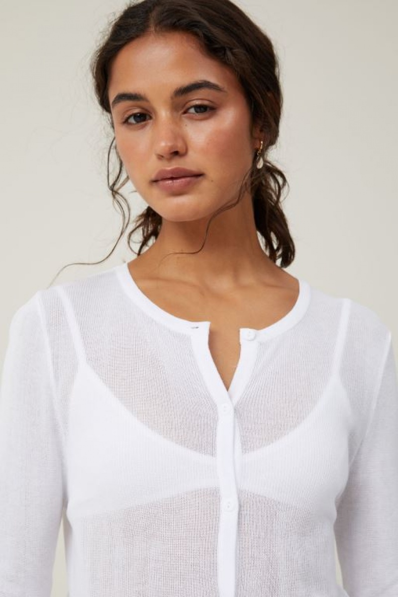Cotton On Sheer Knit Crew Cardigan Women's Knitwear White | CulanNoxUwq