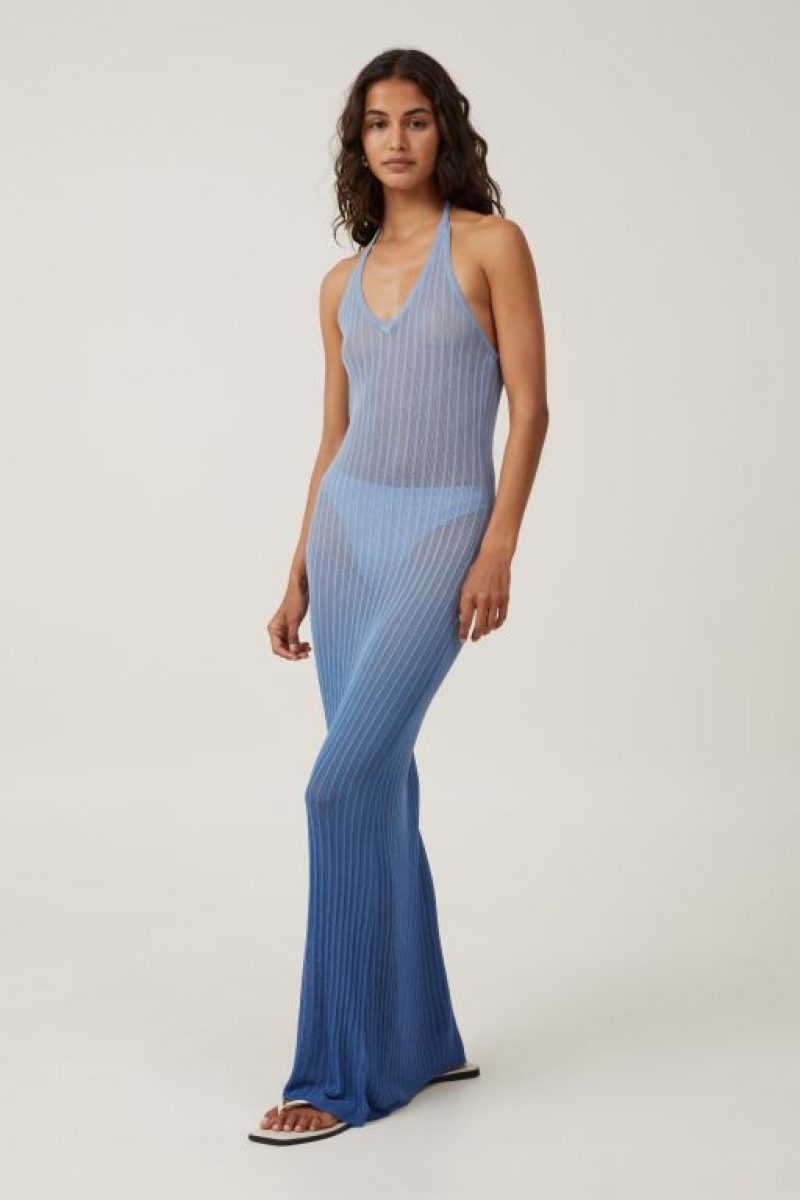 Cotton On Sheer Knit Women's Maxi Dress Blue | HrENigNhN0z
