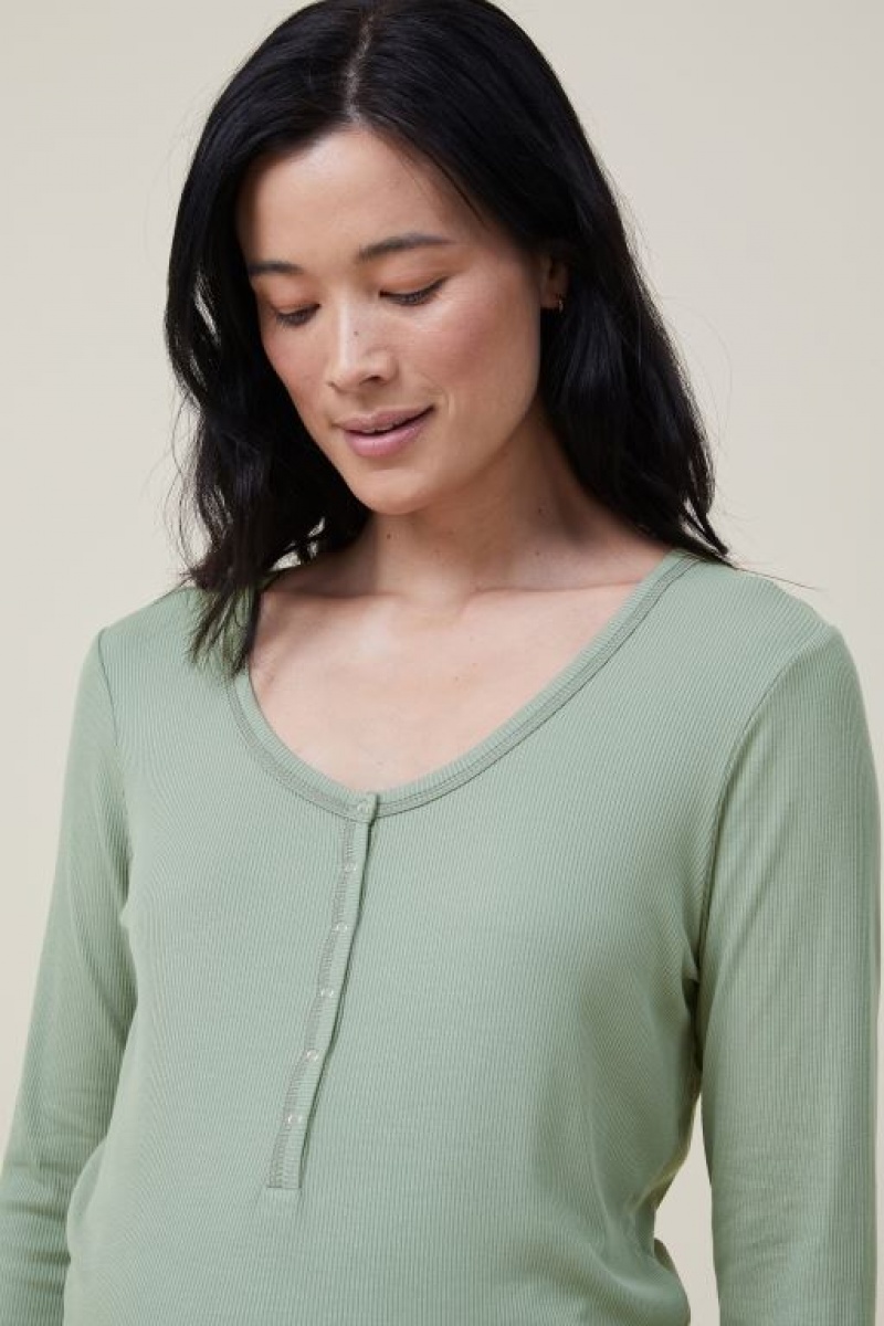 Cotton On Sleep Recovery Henley Long Sleeve Women's Maternity Wear Green | Qgs7SReG1f0