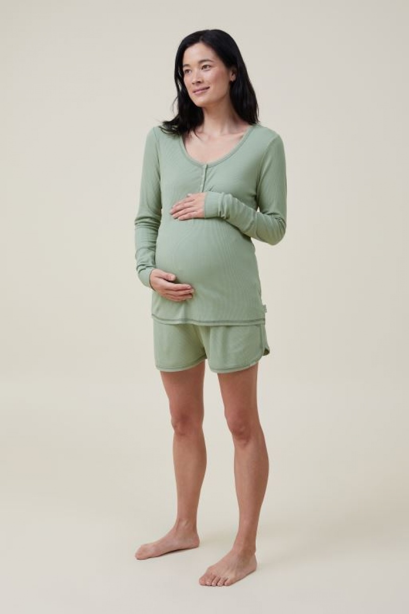 Cotton On Sleep Recovery Henley Long Sleeve Women's Maternity Wear Green | Qgs7SReG1f0