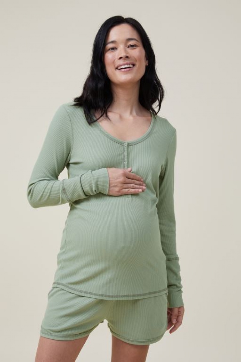 Cotton On Sleep Recovery Henley Long Sleeve Women\'s Maternity Wear Green | Qgs7SReG1f0