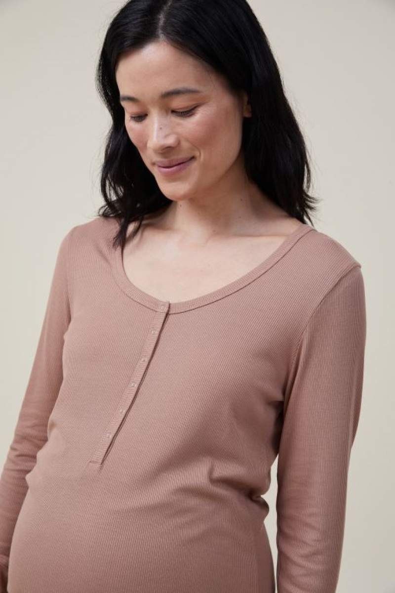 Cotton On Sleep Recovery Henley Long Sleeve Women's Maternity Wear Coffee | XZzHU7cdUjf