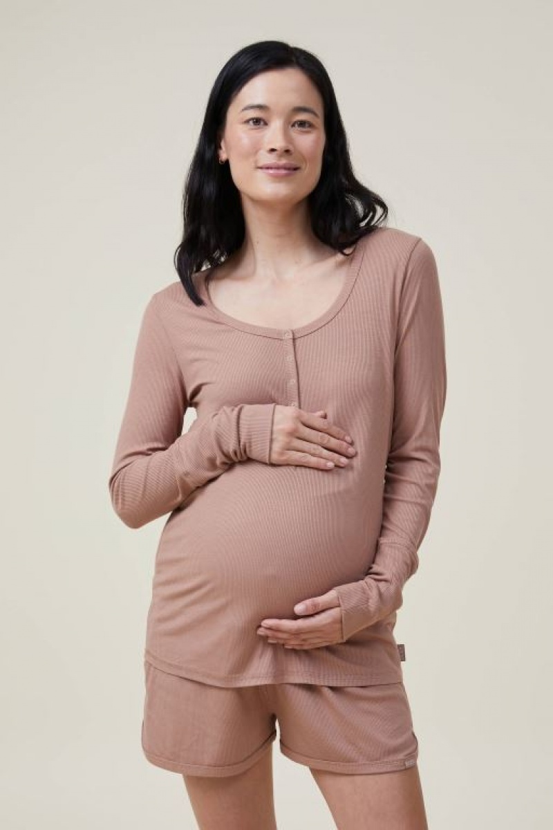 Cotton On Sleep Recovery Henley Long Sleeve Women\'s Maternity Wear Coffee | XZzHU7cdUjf