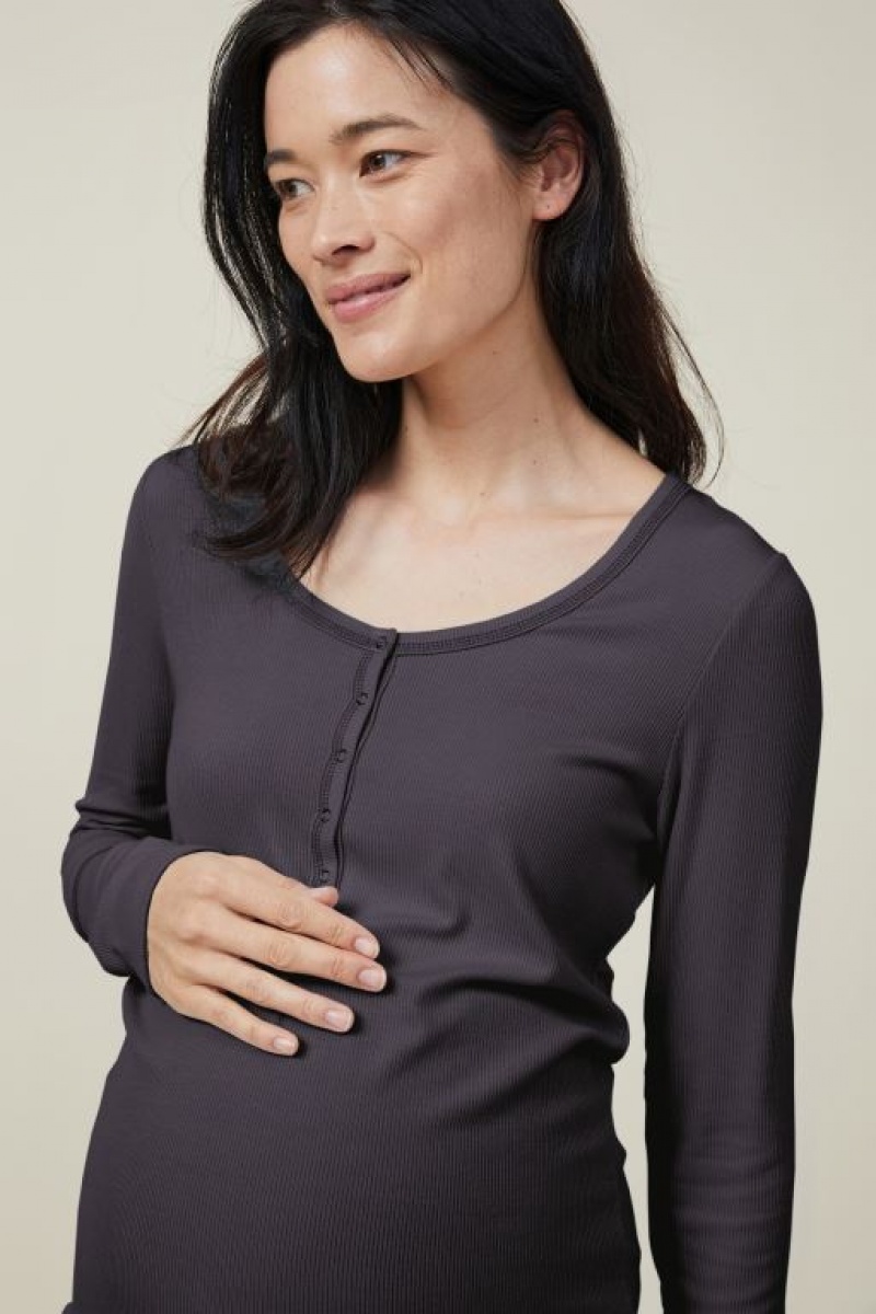 Cotton On Sleep Recovery Henley Long Sleeve Women's Maternity Wear Black | sxoj35X9ol5