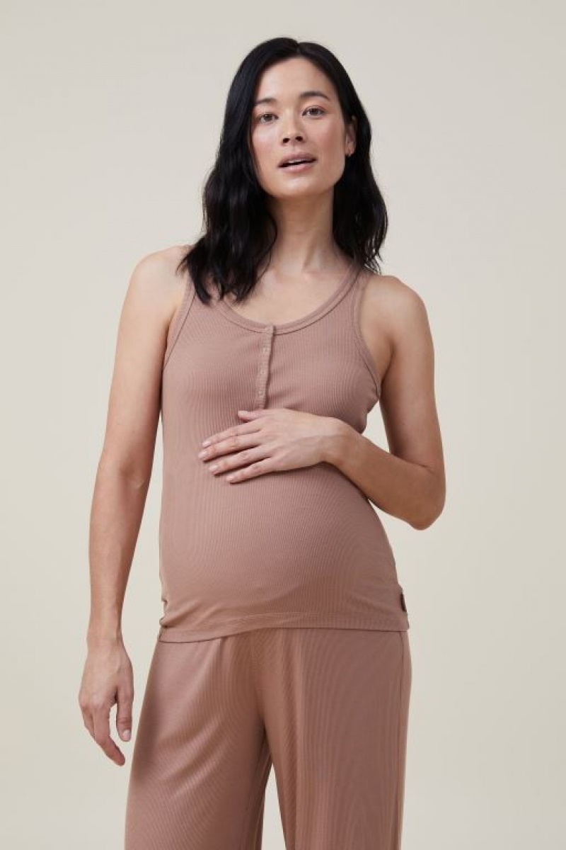 Cotton On Sleep Recovery Henley Tank Women\'s Maternity Wear Coffee | NtrNebVqGbC