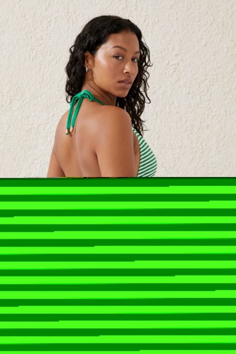 Cotton On Slider Triangle Women's Bikini Tops Green Stripes | RKythPUGMft