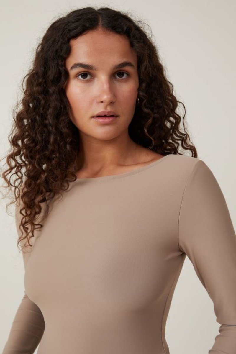 Cotton On Smooth Boat Neck Top Women's Long Sleeve Beige | NP9RHJCEVPB