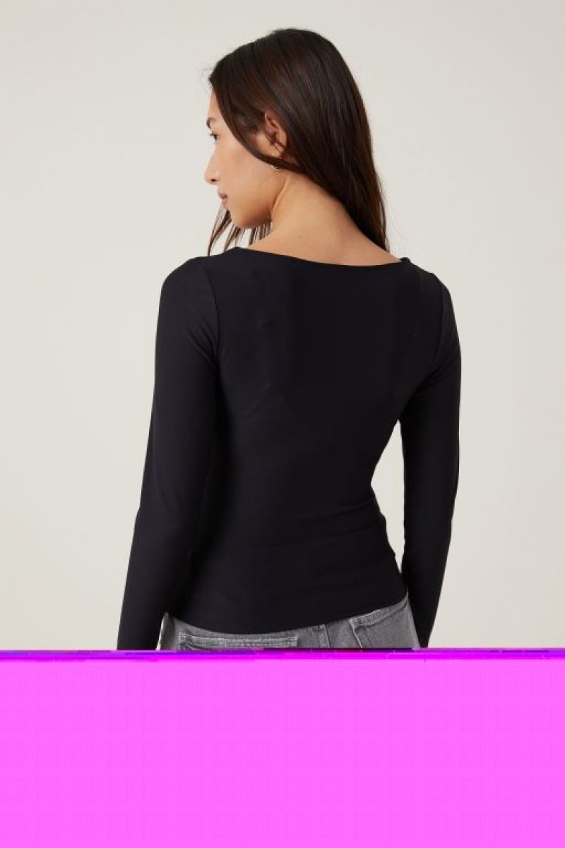 Cotton On Smooth Boat Neck Top Women's Long Sleeve Black | WZN6Pdhmx43
