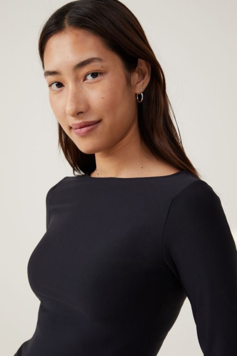 Cotton On Smooth Boat Neck Top Women's Long Sleeve Black | WZN6Pdhmx43