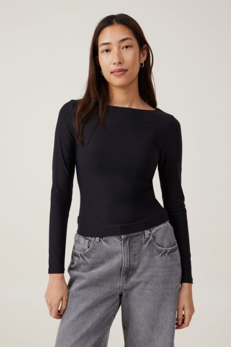 Cotton On Smooth Boat Neck Top Women\'s Long Sleeve Black | WZN6Pdhmx43