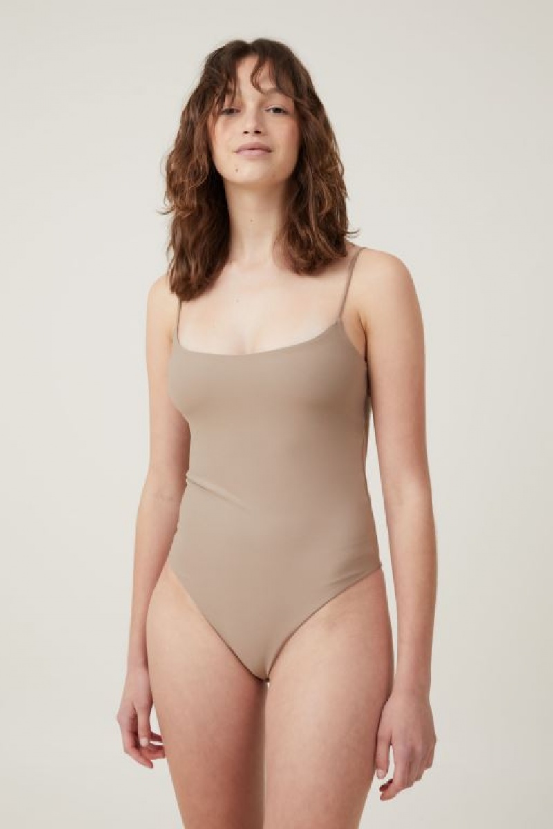 Cotton On Smooth Straight Neck Bodysuit Women's Tanks Beige | w045wTc6l0o