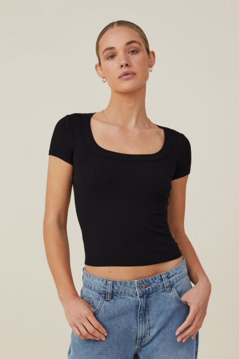 Cotton On Staple Rib Scoop Neck Short Sleeve Women\'s T Shirts Black | Vg5SGLwW24Q