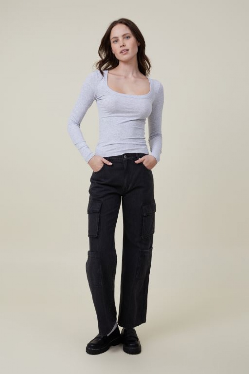 Cotton On Staple Rib Scoop Neck Top Women's Long Sleeve Grey | V6yFCN5hSWS