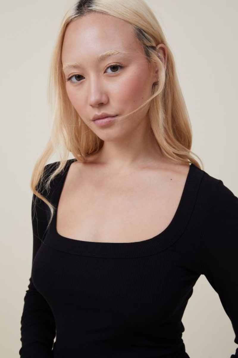 Cotton On Staple Rib Scoop Neck Top Women's Long Sleeve Black | QRNGGqa3oTd