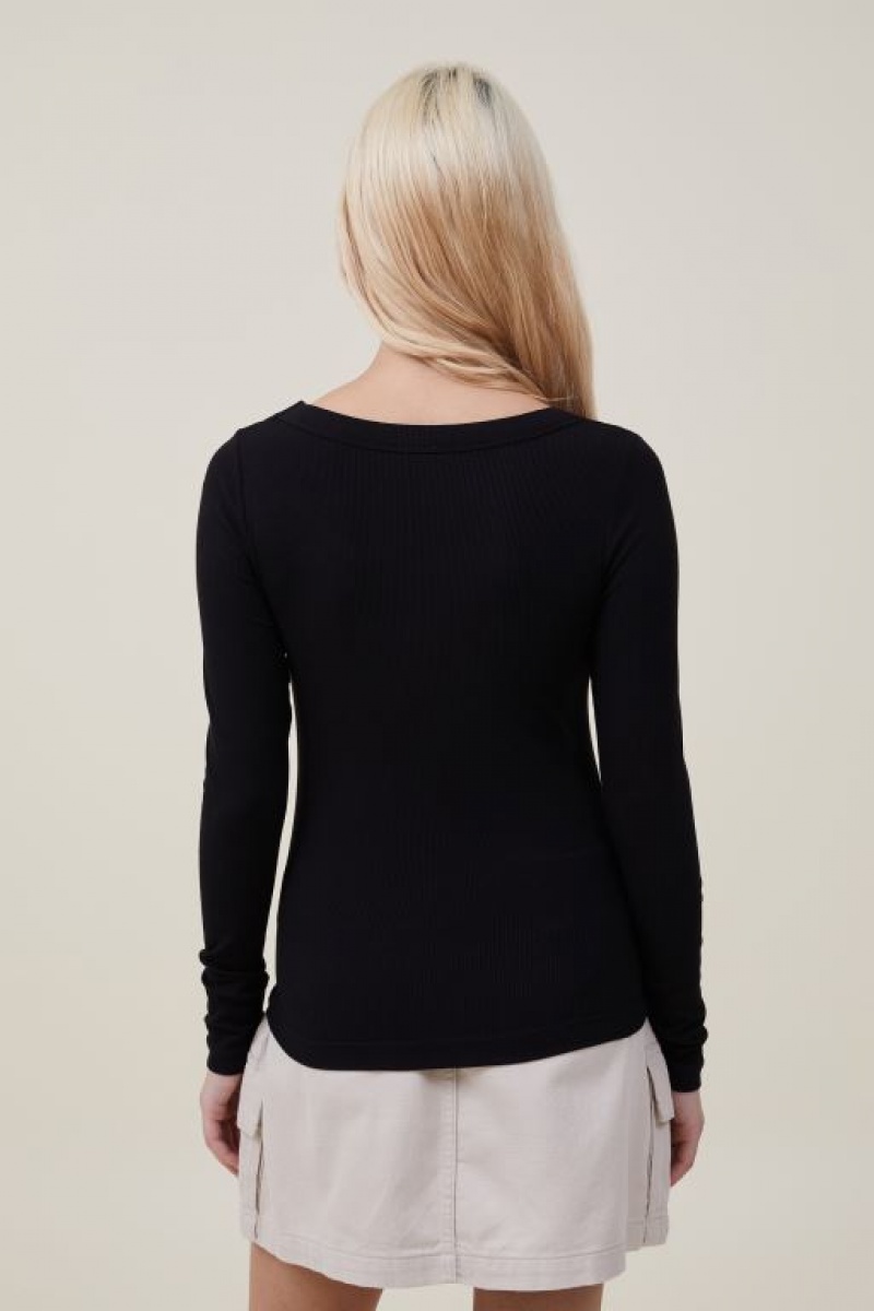 Cotton On Staple Rib Scoop Neck Top Women's Long Sleeve Black | QRNGGqa3oTd