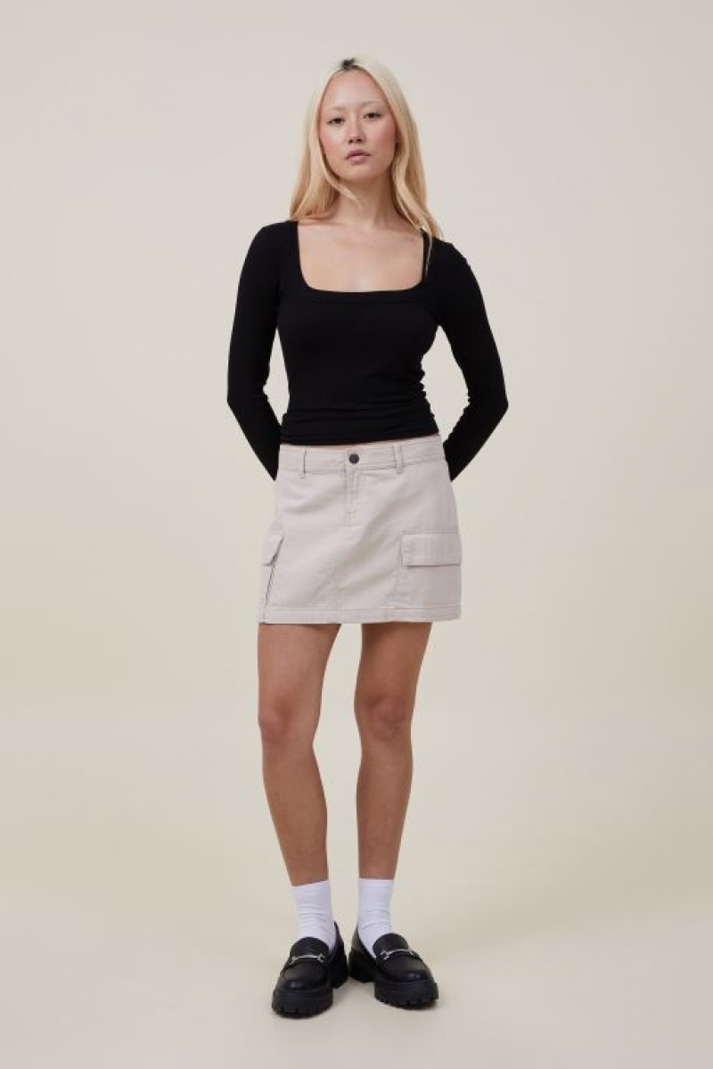 Cotton On Staple Rib Scoop Neck Top Women's Long Sleeve Black | QRNGGqa3oTd