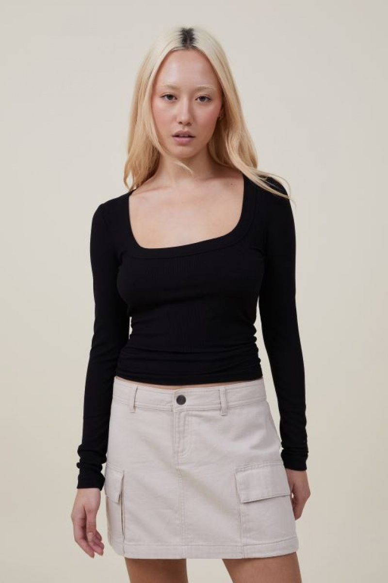 Cotton On Staple Rib Scoop Neck Top Women\'s Long Sleeve Black | QRNGGqa3oTd