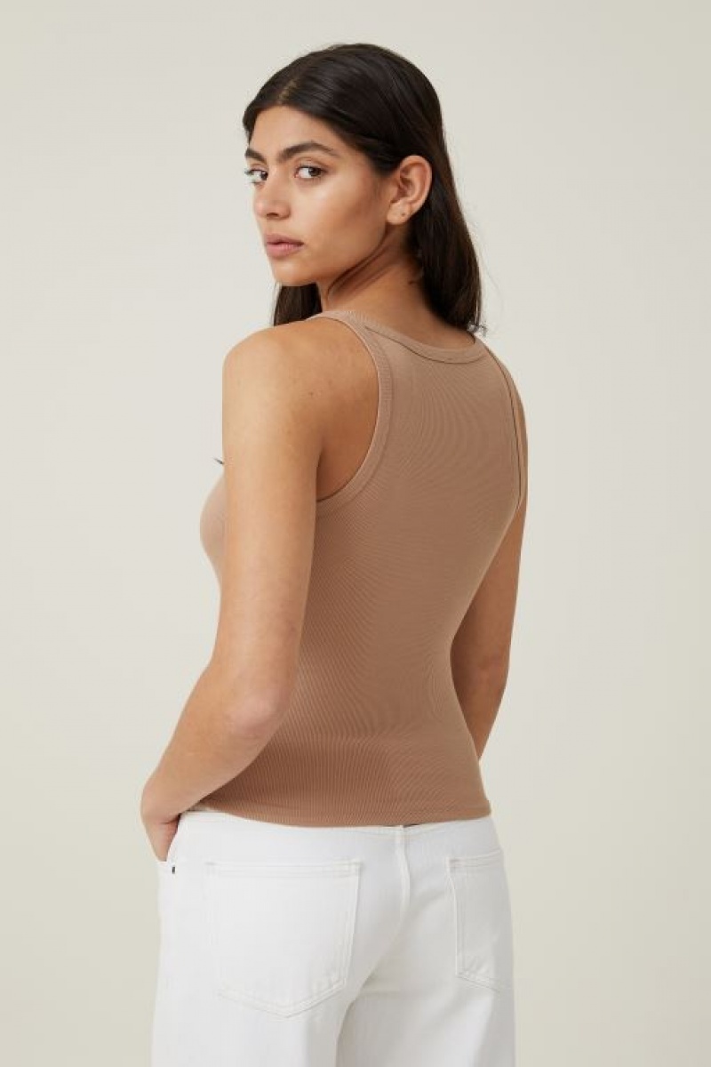 Cotton On Staple Rib Scoop Neck Women's Tanks Brown | XqTNsgBYFad